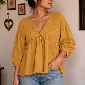 Altar’d State Mustard Gauze Babydoll Peasant Top Cottagecore Boho S